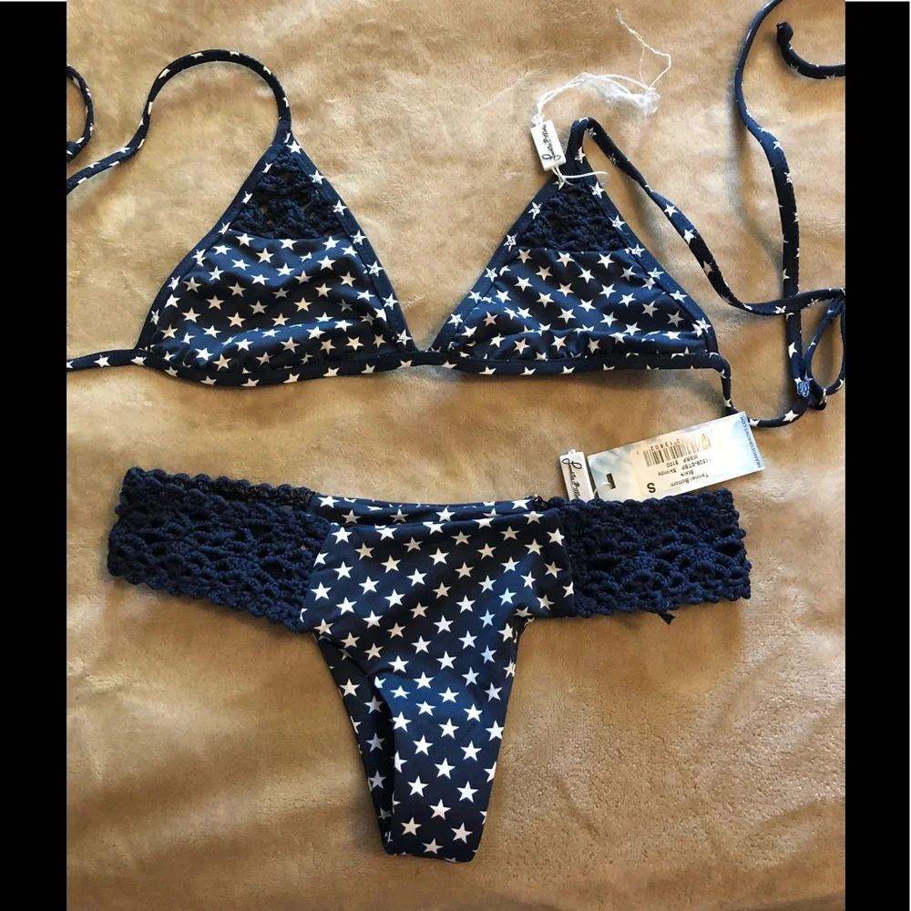 Frankie's Bikinis Navy Blue Star Print Crochet Side Bikini